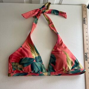 Kona sol tropical leaf print coral halter bikini top